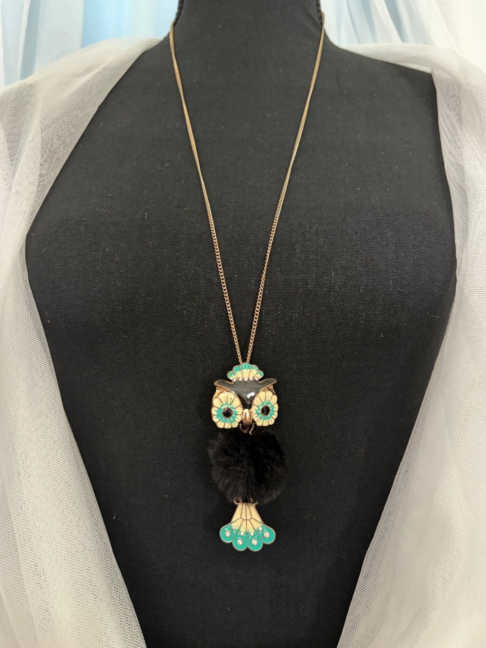 Owl Pendant Necklace with Black Pom-Pom and Turquoise Accents